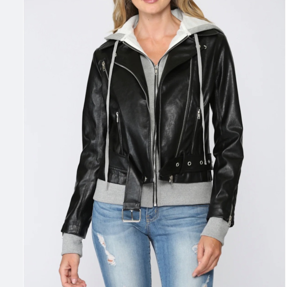Fate Black Faux Leather Moto Jacket with Gray Hoodie Detail